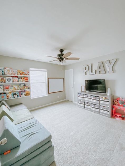 Square Playroom Layout, Dining Room Transformed Into Playroom, Transitional Playroom Ideas, Long Narrow Playroom Layout, Brother Sister Playroom Ideas, Playroom Above Garage, Playroom At Grandparents House, Upstairs Loft Ideas Kids, Spare Bedroom Playroom