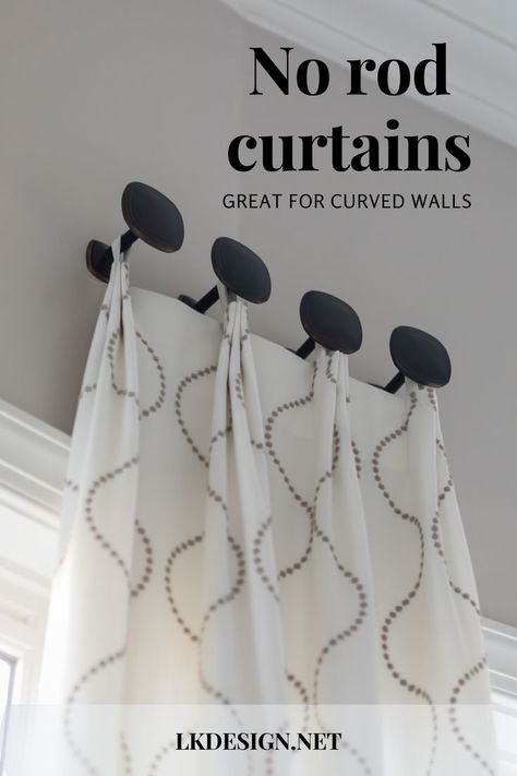 white patterned curtain black medallions no rod grey walls Curtains For Bay Window In Living Room Drapery Decorating Ideas, Small Curtain Rods Ideas, Window Treatments Bay Window Living Room, Curtain Ideas For Three Windows In A Row, Curtain Ideas For Arched Windows, Curtains Bay Window Kitchen, Bay Window Drapery Ideas, Bay Window Curtain Rods, Long Curtains Bay Window