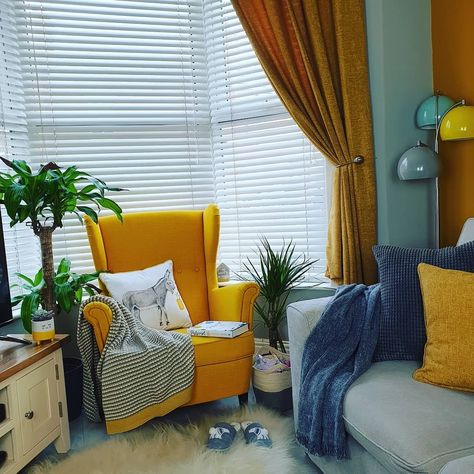 Mustard Accent Chair Living Rooms, Mustard Armchair Living Rooms, Yellow Armchair Living Room, Ikea Yellow Chair, Mustard Armchair, Ikea Yellow, Bay Window Seat, Yellow Armchair, Yellow Chair