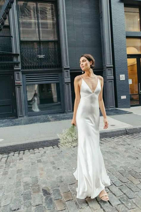 Spaghetti strap v-neck in Luxe Satin w/ angled empire waist and low scoop back Jenny Yoo Marnie, Slip Wedding Dress, Contemporary Wedding Dress, Simple Satin, Spaghetti Strap Wedding Dress, Satin Bridal Gowns, Patron Vintage, Bias Cut Skirt, Silk Wedding Dress