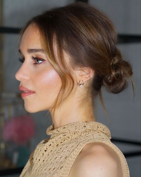 Sleeked Back Wedding Hair, Low Bun Wedding Hair Dark Hair, Lose Wedding Updo, Wispy Low Bun, Kristen Bell Makeup, Relaxed Updo Wedding, Low Bun With Front Pieces Out, Soft Bridal Bun, Half Up Half Down Hair Fine Hair