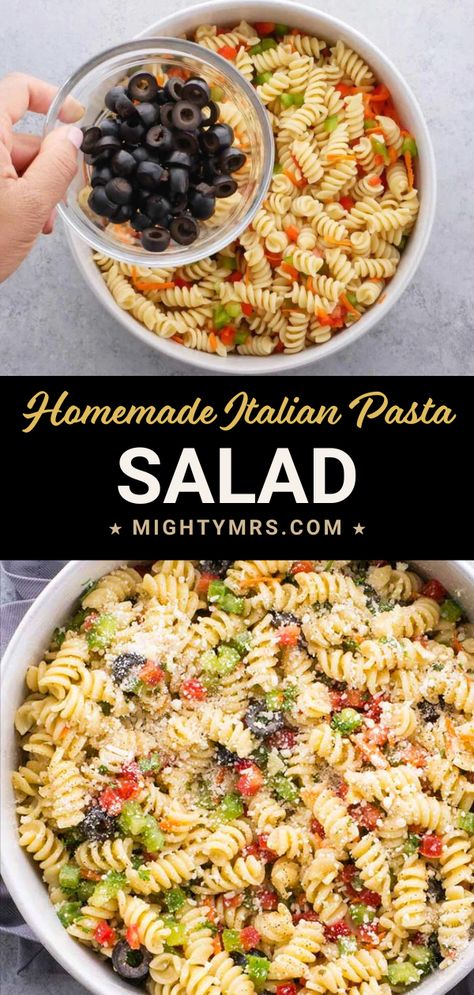 This Italian pasta salad is homemade with fresh vegetables. It's an easy side dish to whip up for a potluck or for dinner. It's simple to make, easy to customize and is always a hit at potlucks. Made with creamy Olive Garden Italian dressing and fresh veggies. Vegetarian with option to add meat. It's a favorite summer side dish! Olive Garden Dressing Pasta Salad, Pasta Salad Vegetarian, Classic Italian Pasta Salad, Pasta Salad With Italian Dressing, Italian Dressing Pasta Salad, Garden Italian, Olive Garden Italian Dressing, Classic Italian Pasta, Easy Italian Pasta Salad