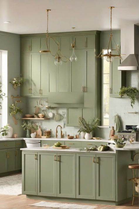 How to Refresh Your Space: Sage Green Kitchen Cabinet Ideas - West Pear Interiors Sage Colour Kitchen Cabinets, Sage Walls Kitchen, Kitchen Cabinets Sage Green, Best Backsplash For Sage Green Cabinets, Sage Green Cabnits Kitchen, Sage Green Kitchen Colour Scheme, Sage Green Base Cabinets Kitchen, Sage Green Cabinets Kitchen, Sage Green Kit Hen Cabinets