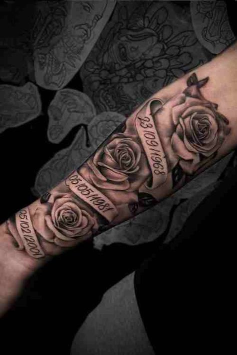 Roses is usually promoted as romantic flower, that represents love. A rose forearm tattoo can be done in different styles, from super dense to scattered around roses on your arm. Every rose can be dedicated to a different loved one or event to give it extra meaning! Mens Tattoos Sleeves Family, Inner Forearm Tattoo Rose, Sleeve Tattoos Roses Men, Men’s Rose Tattoo Sleeves, Family Rose Tattoo For Men, Birthday Tattoo Ideas Men, Family Sleeve Tattoo For Men Ideas, Rose Tattoo Men Bicep, Forearm Tattoo Men Rose