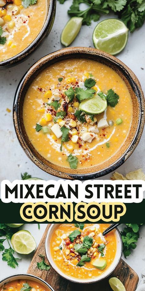 Ingredients: 6 ears of corn, husked and kernels removed 1 cup heavy cream 4 cups chicken broth (or vegetable broth for a vegetarian option) 1 small onion, chopped 3 garlic cloves, minced 2 teaspoons smoked paprika 1 teaspoon chili powder 1 teaspoon cumin 2 teaspoons lime juice 1/2 cup sour cream 1/2 cup Cotija cheese 1/4 cup fresh cilantro, chopped Salt and pepper to taste Optional toppings: sliced jalapeños, avocado, tortilla strips #Corn #Soup #Quickandeasyrecipe Slow Cooker Mexican Street Corn, Mexican Street Corn Soup, Street Corn Soup, Avocado Tortilla, Cilantro Corn, Slow Cooker Mexican, Tortilla Strips, Cotija Cheese, Corn Soup