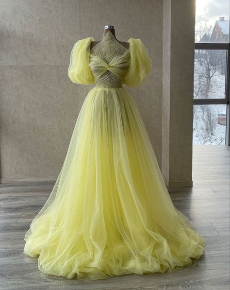 Symetrical lime dress with puffy sleeves and a corset with geometrical details embroidered all in hand. Yellow Dress Puffy Sleeves, Puffy Hands Dress, Yellow Aesthetic Lehenga, Yellow Puffy Dress, Prom Dress Puffy Sleeves, Celestial Dresses, Dresses Puffy, Lime Dress, Puffy Prom Dresses