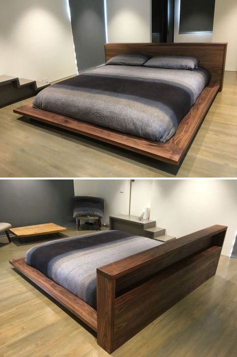 Dark Wood Floating Bed, Massive Wood Bed, Epoxy Bed Frame, Japanese Floating Bed, Floor Bed With Headboard, Custom Platform Bed, Japanese Platform Bed Diy, Custom Bed Frames, Backlit Bed Headboard