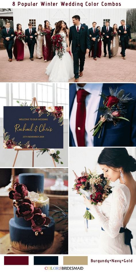 8 Winter Wedding Color Combos for 2018 - No.2 Burgundy, Navy and Gold #colsbm #weddings #weddingideas #burgundy Gold Winter Wedding, Winter Wedding Color Palette, Burgundy Wedding Colors, Baju Kahwin, Wedding Color Palettes, Wedding Color Combinations, Rustic Wedding Decorations, Wedding Theme Inspiration, Wedding Color Combos