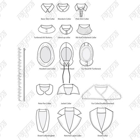 A set of 15 vector fashion Collar illustration templates to be used on various garments. Collars are created using standard 9-head fashion croquis to fit the necklines. Front patterns are set to edit as back patterns.  Pack includes - Basic Shirt Collar, Mandarin Collar, Polo Shirt Collar, Turtleneck w/buttons, Stand-up Collar, Rib Knit turtleneck, Hooded Cowl Collar, Sweatshirt Hood, Fur Hood, Peter Pan Collar, Jacket Collar, Fur Collar, Basic Shawl Collar, Angled Shawl Collar and Notched Lapel Collar Sketch, Sketch Digital Art, Flutter Sleeve Pattern, Technical Sketch, Sketch Digital, Collar Fashion, Graphic Design Fashion, Creative Drawing Prompts, Pattern Dress Women