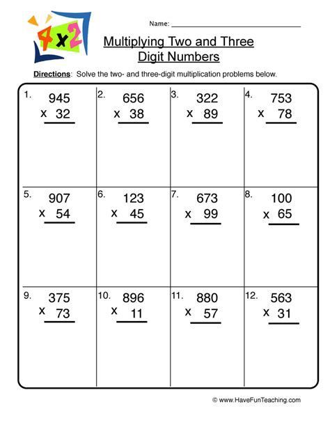 2 Digit and 3 Digit Multiplication Worksheet Printable

Help your child practice their multiplication skills with this printable worksheet. It includes a variety of problems, from basic two-digit multiplication to more challenging three-digit multiplication. #multiplication #worksheet #math 2 Digit Multiplication Worksheets, Multiplication Practice Worksheets, Two Digit Multiplication, 2 Digit Multiplication, Double Digit Multiplication, Free Multiplication Worksheets, Multiplication Worksheet, Three Digit Numbers, Multiplication Problems