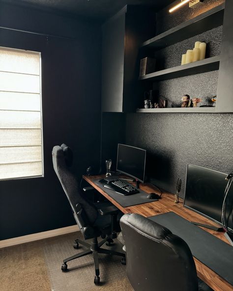 Dark and moody home office with a built-in double desk anyone?? 🥰 Swipe to see what this room looked like before! #homeoffice #coloradointeriordesign #beforeandafter #darkandmoody #cozyhomeoffice Built In Double Desk, Home Office Double Desk, Double Desk Home Office, Colorado Interior Design, Moody Home Office, Moody Home, Home Office Set Up, Double Desk, Cozy Home Office