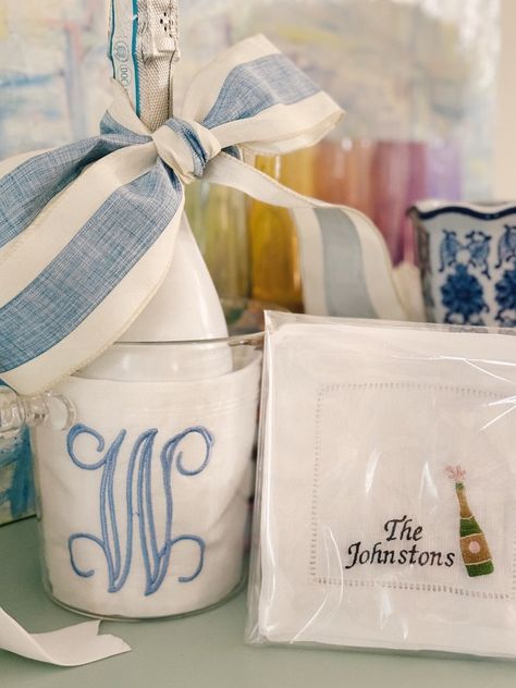 These custom embroidered linen cocktail napkins personalized with a monogram are the perfect Christmas gift, hostess gift, engagement gift, wedding gift, housewarming gift, birthday gift or an excuse to spurge on yourself. These beautiful white linen cocktail napkins are made of 100% linen cloth with a decorative hemstitch border. Each one of the embroidered linen cocktail napkins is stitched in Atlanta, GA in 1 of 40+ different colors of high-quality embroidery thread designed to never bleed or fade from washing. Dimensions for each linen cocktail napkin are 6 inches by 6 inches. Available in a set of 4. I do bulk orders too! Send me a message for bulk pricing on orders. More designs and fonts available! Wedding Date Gifts, Monogram Gift Ideas, Embroidery Wedding Gifts, Wedding Hostess Gifts, White Linen Cocktail, Embroidered Cocktail Napkins, Monogram Cocktail Napkins, Hostess Gift Ideas, Bridesmaid Luncheon