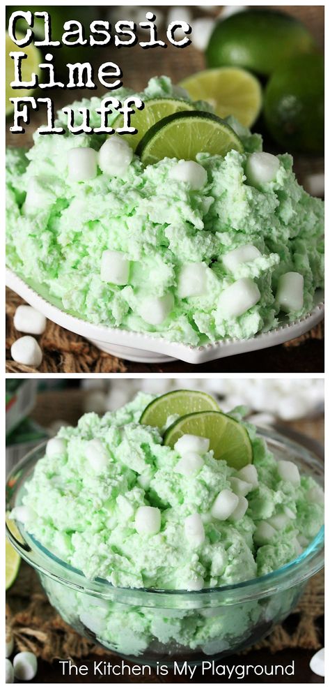 Old-Fashioned Sea Foam Salad (Lime Fluff) ~ Serve this vintage dish as a dessert salad, or as a sweet side. Either way, this old-fashioned Sea Foam Salad is one tasty Jello salad classic! Perfect for Thanksgiving or Easter dinner, or any everyday meal. #limefluff #seafoam #seafoamsalad #fluffsalad  www.thekitchenismyplayground.com Seafoam Salad Recipe, Fancy Jello, Lime Fluff, Jello Dishes, Green Jello Salad, Marshmallow Salad, Fluff Salads, Berry Smoothies, Lime Jello Salads