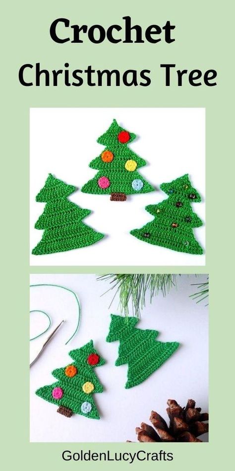 Learn how to crochet this classic Christmas tree applique. Crochet pattern, Christmas tree ornament, crochet applique, motif Crochet Cards, Christmas Applique Patterns, Christmas Tree Applique, Crochet Christmas Garland, Tree Applique, Crochet Christmas Trees Pattern, Ornament Crochet, Crochet Christmas Ornaments Free, Crochet Applique Patterns Free