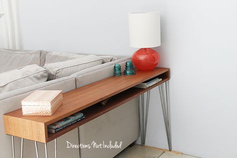 A DIY MidCentury Console Table - I've been wanting a small console table for the back of our sofa since we got it. That little corner spot is my favorite to sit… Mid Century Sofa Table Behind Couch, Diy Midcentury, Tiny Condo, Sofa Table Behind Couch, Mid Century Modern Console Table, Dream Workshop, Small Console Tables, Table Behind Couch, Small Console Table