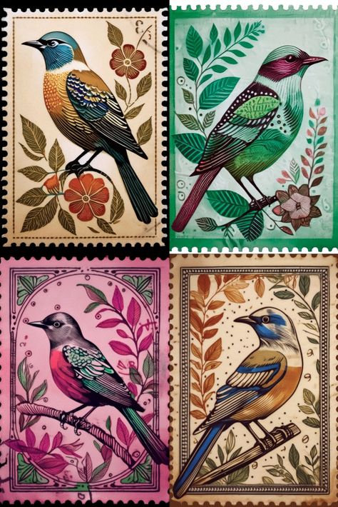 Vintage bird postage stamp with a vibrant starling surrounded by floral details, designed in a classic illustration style. Vintage Bird Illustration, Postage Stamp Design, Green Palette, Beautiful Bird, Vintage Bird, Pink Bird, Floral Elements, Vintage Elegance, Bird Illustration