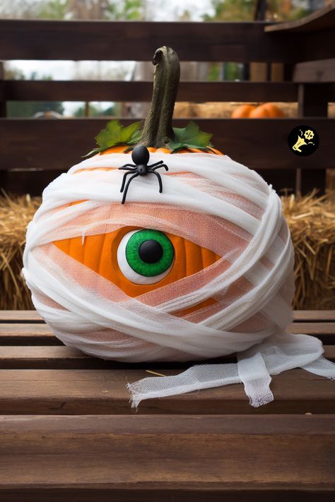 Mummy Pumpkin Painting Idea for Halloween Mummy Pumpkin Painting, Evil Eye Pumpkin, Spooky Pumpkin Painting, Pumpkin Eyeball, Unique Pumpkin Painting Ideas, Pumpkin Painting Idea, Pumpkin Houses, Halloween Pumpkin Painting Ideas, Halloween Pumpkin Painting