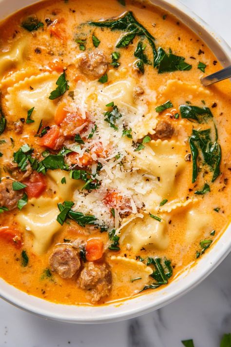 Creamy Ravioli Soup - Insanely Good Vegan Ravioli Soup, Pork Sausage Tortellini Soup, Sausage Ravioli Soup, Creamy Ravioli Soup, Sausage Ravioli Recipe, Ravioli Soup Recipe, Creamy Ravioli, Veggies And Sausage, Friendship Soup