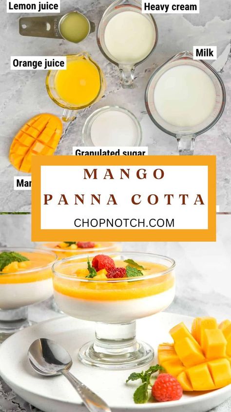 Indulge in the luxurious and refreshing flavors of our Mango Panna Cotta recipe! This elegant dessert combines the creamy, silky texture of classic panna cotta with the vibrant sweetness of ripe mangoes. Each spoonful offers a harmonious blend of rich cream and tropical fruit, perfect for a sophisticated finish to any meal! #MangoPannaCotta #TropicalDessert #ElegantDessert #SweetIndulgence #ChopNotchRecipe #HomemadeTreats #DessertInspiration #CreamyDelight #FruitDessert