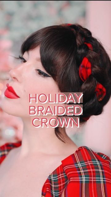 Crown Braid With Ribbon, Christmas Hair Updo, Braiding Ribbon Into Hair, Holiday Updos, Easy Holiday Hairstyles, Velvet Ribbon Hair, Updo Hair Tutorial, Low Pigtails, Holiday Braids