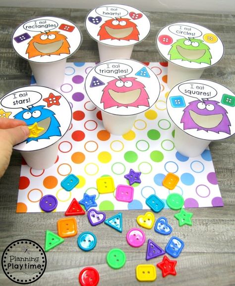 2D Shapes - Planning Playtime Monster Shapes Preschool, Shapes Small Group Preschool, Maths Shapes Activities, Monster Week Activities, Math Trays Preschool, Teaching 2d Shapes, Eyfs Planning Ideas, 2dshapes Activities, Same Or Different Preschool Activities