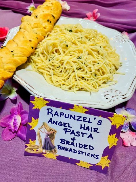 Rapunzel's Angel Hair pasta and braided breadsticks for tangled themed dinner Rapunzel Dinner Ideas, Rapunzel Dinner And A Movie, Ttpd Themed Food, Rapunzel Birthday Food Ideas, Aristocats Dinner Ideas, Princess Dinner Food, Rapunzel Party Ideas Food, Tangled Dinner Ideas, Tangled Birthday Food Ideas