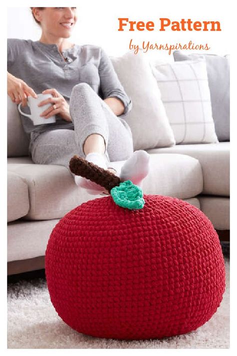 Giant Apple a Day Fruit Pouf Free Crochet Pattern Large Crochet Ball Free Pattern, Crochet Ball Pillow Pattern Free, Crochet Pouf Pattern Free, Crochet Bean Bag, Yarn Activities, Crochet Floor Pouf, Jumbo Crochet, Kids Bedroom Accessories, Chunky Yarn Crochet