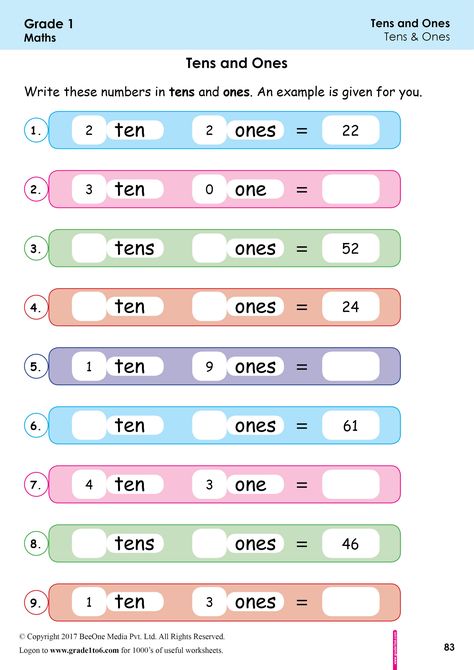 Tens Ones First Grade, Tens And Ones Worksheets First Grade, Tens And Ones Worksheet Kindergarten, Tens And Ones Activities, Tens And Ones Worksheet, Math Grade 1, Time Tables, Maths Worksheet, Teaching Responsibility