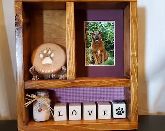 Pet shadow box | Etsy Pet Memorial Diy, Pet Memorial Ideas Dogs, Dog Shadow Box, Shadow Box Memory, Diy Shadow Box, Small Glass Bottles, Personalized Pet Memorial, Pet Ashes, Pet Loss Gifts