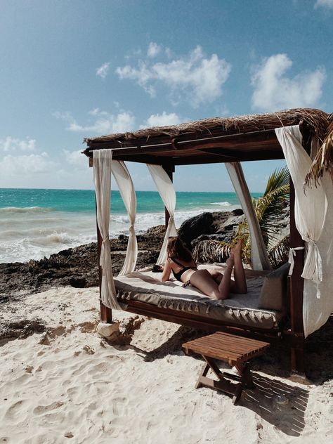 Beach, coffee, tan, relaxing Beach Daybed, Morning On The Beach, Relaxing On The Beach, Sunday Morning, Daybed, Tulum, Outdoor Bed, Morning Coffee, The Beach