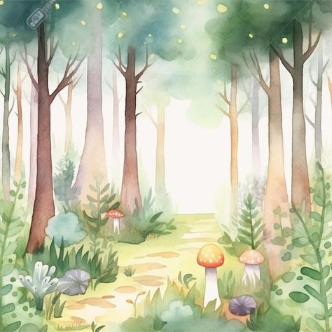 Photo a watercolor painting of a forest ... | Premium Photo #Freepik #photo #grove #woodland #forest-illustration #cute-tree Enchanted Forest Illustration Fairytale, Woodland Illustration Forest, Watercolor Forest Background, Woodland Scene Illustration, Cute Forest Background, Background Forest Illustration, Forest Illustration Trees, Forest Background Drawing, Forest Background Illustration