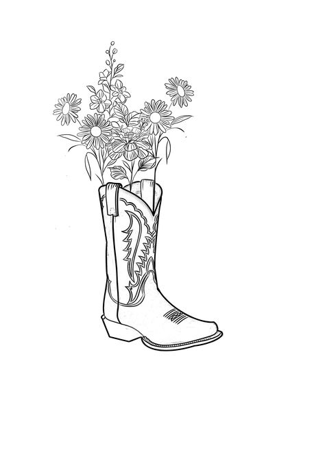 Cowgirl Boots Tattoos For Women, Feminine Tattoo Stencil, Boot And Flower Tattoo, Zach Bryan Coloring Pages, Nashville Tattoo Ideas Country Music, Western Women’s Tattoos, Cowboy Boots And Hat Tattoo, Cowgirl Boot Tattoo Ideas, Zach Bryan Drawing Ideas