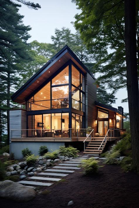 #modern, #moderncottage, #moderncottagehouse, #cottagedsedign Forest Home Interior Design, Modern Mountain Cabins, Modern Camp House, Contemporary Cabin Exterior, Airbnb Mountain Cabin, Chalet Exterior Design, Wood Cabin Design, Mountain Modern Home Exterior, Modern Cabin Exterior