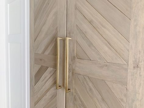 Chevron Door Herringbone Pattern, Chevron Bifold Door, Diy Solid Wood Door, Diy Closet Doors How To Build, Herringbone Closet Doors, Diy Double Doors Interior, Slat Closet Doors, Coastal Barn Door, Pantry Door Ideas Diy