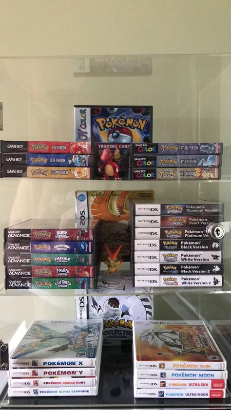 Retro Game Collection, Gaming Collection Display, Video Game Nerd Aesthetic, Pokémon Game Room, Pokemon Collection Room, Pokemon Game Room, Pokemon Room Aesthetic, Pokemon Collection Display, Pokémon Display