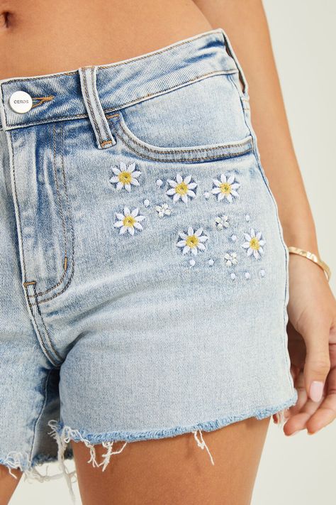 Payton Hi-Rise Daisy Denim Shorts in Light Wash | Altar'd State Altard State, Altar'd State, Denim Shorts, Daisy