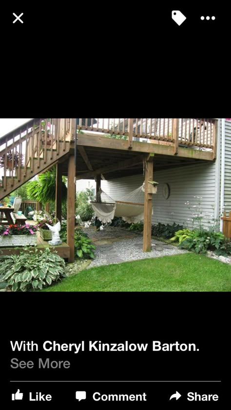 Hammocks under deck                                                                                                                                                      More                                                                                                                                                     More Under Deck Retaining Wall Ideas, Underneath Patio Ideas, Tall Deck Landscaping Ideas, Under Deck Sitting Area Outdoor Living, Under Porch Patio, Hammock Under Deck, Gravel Under Deck, Underneath Deck Ideas, Under Deck Patio Ideas