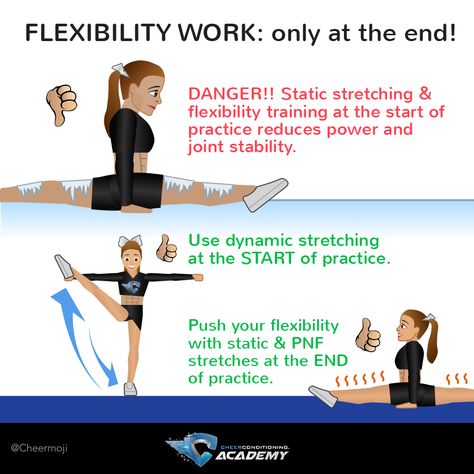 Flexibility tips: are you still doing static stretches at at the start of practice? Find out why this is a really bad idea and how you can increase your flexibility! Cheer Basics, Cheer Exercises, Cheerleading Flexibility, Cheer Drills, Cheer Flexibility, Static Stretches, Cheer Tips, Cheer Stretches, Cheerleading Tips