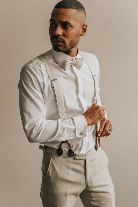 White Industrial Wedding Inspiration Outfits With Suspenders, Suspenders Outfit, White Suspenders, Industrial Wedding Inspiration, White Party Outfit, White Industrial, Suspenders Wedding, Groomsmen Photos, Suspenders Men