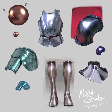 Shading Metal Drawing, Metallic Digital Art, Coloring Metal Digital, Metal Painting Reference, Metal Art Tutorial, How To Render Armor, Metal Material Study, Armor Shading Reference, Rendering Metal Digital Art