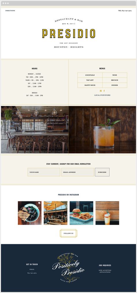 Presidio Website Design Sample - Flywheel Co.  Houston, Texas Branding, Interior, Exterior, Menu Design, Website Design Bistro Website Design, Restaurant Homepage Design, Brewery Website Design, Portfolio Website Color Palette, Italian Restaurant Website Design, Italian Restaurant Website, Restaurant Website Design Layout, Cocktail Website Design, French Website Design