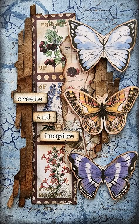 Tim Holtz Collage Paper Ideas, Butterfly Junk Journal Ideas, Don't Over Think It, Mixed Media Inspiration, Mini Art Journal, Handmade Journals Diy, Retro Butterfly, Altered Canvas, Mixed Media Cards