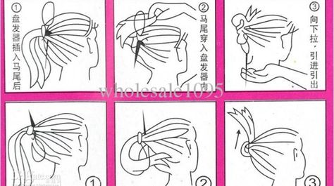 Top three diagram demonstrating traditional topsy-tail. Bottom diagram demonstrating reverse topsy-tail French Braid Tool, Hair Twist Bun, Hair Accessories Braids, Topsy Tail, Hair Loop, Braid Tool, Braided Pony, Braid Accessories, Tail Hair