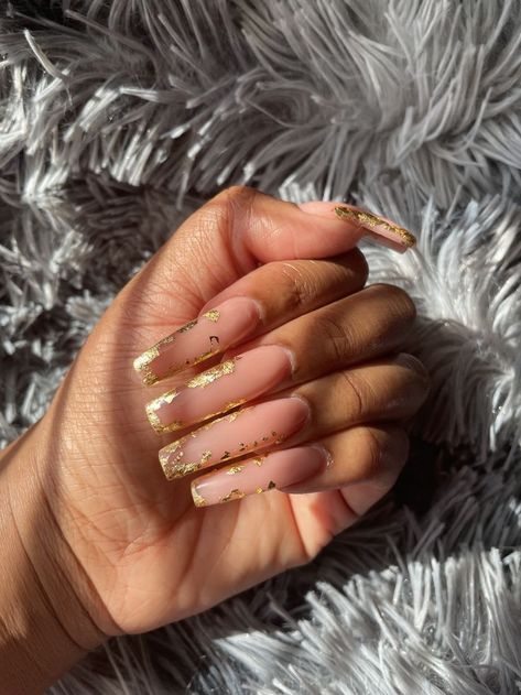 Simple Nails With Gold Flakes, Good Flake Acrylic Nails, Gold Flake Acrylic Nails, Nails W Gold Flakes, Gold Flakes Acrylic Nails, Square Long Nails, Winter Nails Square, Nails Square Long, Gold Flake Nails