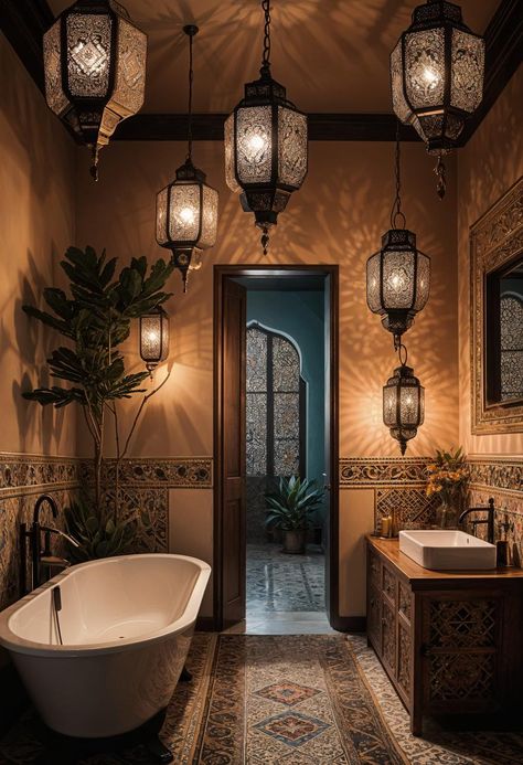 Turkish Spa Bathroom, Light Academia Aesthetic Bathroom, Moroccan Powder Bathroom, Pakistani Bathroom Designs, Turkish Style Bathroom, Middle Eastern Bathroom, Andalusian Bathroom, Eastern Interior Design, Colorful Home Interior