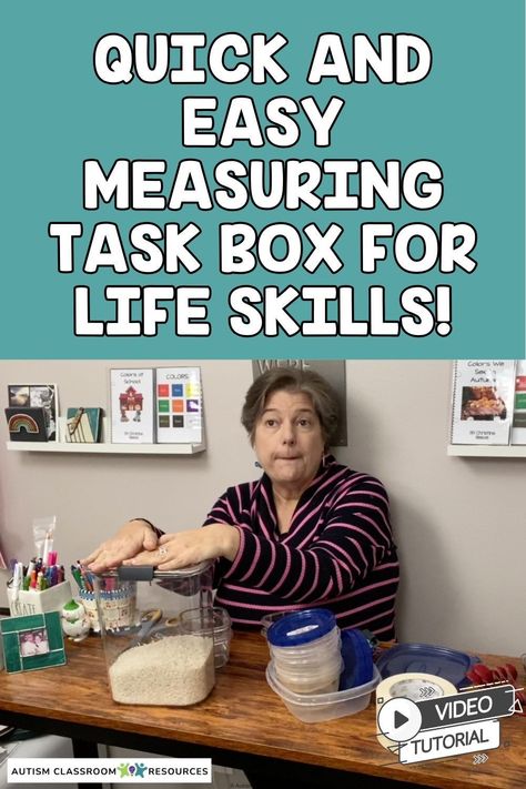 Looking for quick and easy diy task boxes for special education and life skills students? This quick video tutorial (or blog post) will walk you through a great task that is easy to make with materials you have as well as functional and meaningful for your life skills students. It's great for teaching measurement of dry ingredients for cooking as well as for practicing those skills at independent work stations. Plus it's easy to switch it up to keep it fresh for the students. Check it out now! Task Boxes For Special Education, High School Special Education Classroom, Teaching Measurement, Sensory Classroom, Elementary Special Education Classroom, Vocational Tasks, Telling Time Practice, High School Special Education, Life Skills Curriculum