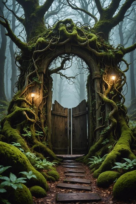 Witchy Retreat, Forest Archway, Mystical Forest Wallpaper, Woodland Castle, Garden Mystical, Fantasy Gate, Garden Shrine, Forest Portal, Mushroom Characters