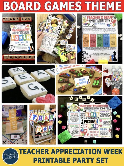 Teacher appreciation week is a perfect time to celebrate the hard work that teachers put into their jobs. Show them that you are not playing any games when you say you appreciate them to pieces and would be completely puzzled without them. This board game theme printable party pack comes equipped with everything you need to host a fun filled board game-themed teacher appreciation week!          Appreciate your teachers to pieces with the following customizable items: Board game theme pri Appreciation Theme Party Ideas, Board Game Staff Appreciation, Teacher Appreciation Week Game Theme, Football Themed Staff Appreciation, Get In The Game School Theme, Teacher Appreciation Week For Staff, Game Themed Teacher Appreciation Week, Staff Appreciation Week Theme Ideas, Game Theme Teacher Appreciation