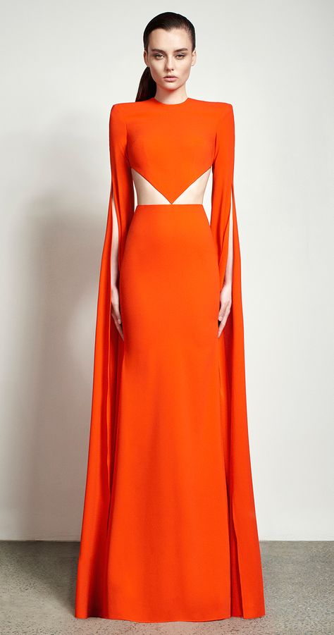 Alex Perry Spring Summer 2016 - Alex Long Sleeve Cutout Gown very few of us can actually pull off a tummy line like this and the colour.  Gorgeous on this lady.  Appreciative of the dress and model. Cutout Gown, Alex Perry, Dresses Dresses, Gorgeous Gowns, Spring Summer 2016, Orange Dress, Beautiful Gowns, Summer 2016, Fancy Dresses