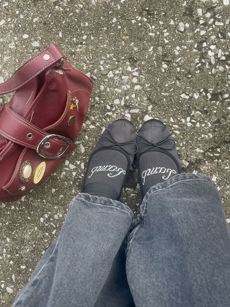 Orion lamb socks ballet flats aesthetic red leather bag